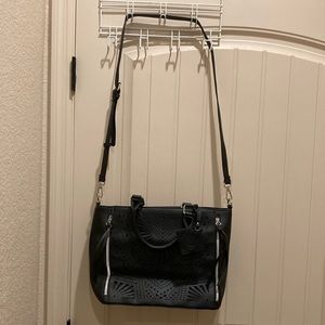 Catherine Malandrino Tote Crossbody Handbag Purse Black Laser Cut Detail Tassels